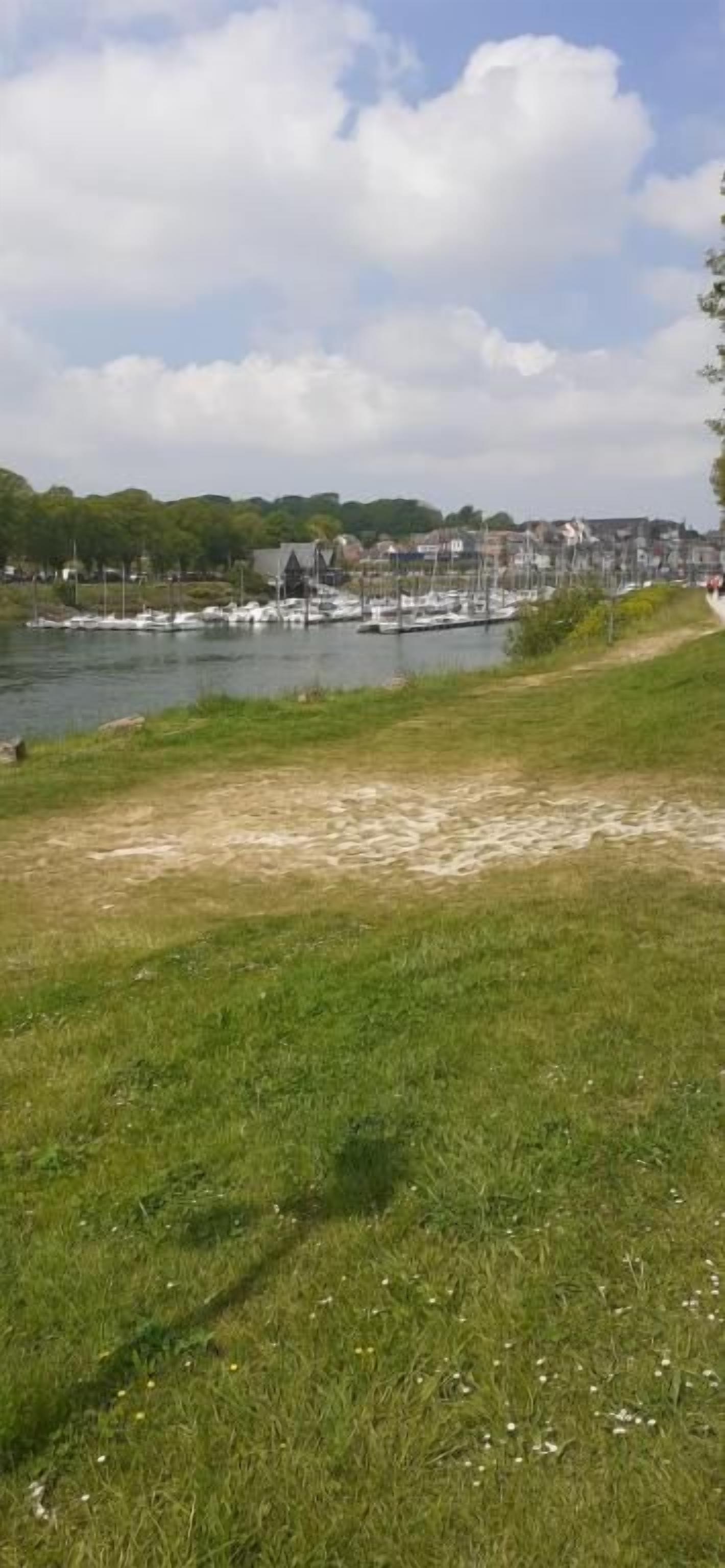 Une zone herbeuse avec une étendue d’eau, des bateaux et des bâtiments en arrière-plan.