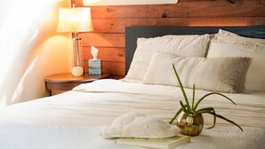 Una cama bien hecha con sábanas blancas, una lámpara de noche, una caja de pañuelos y una planta pequeña en la mesita de noche.
