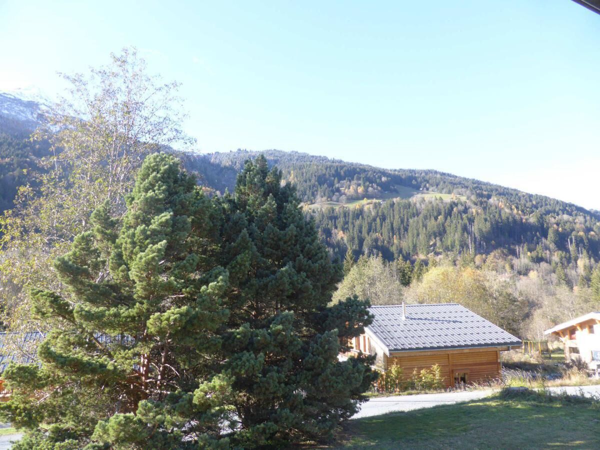 A cabin with a sloped roof, surrounded by dense forest and mountains.
