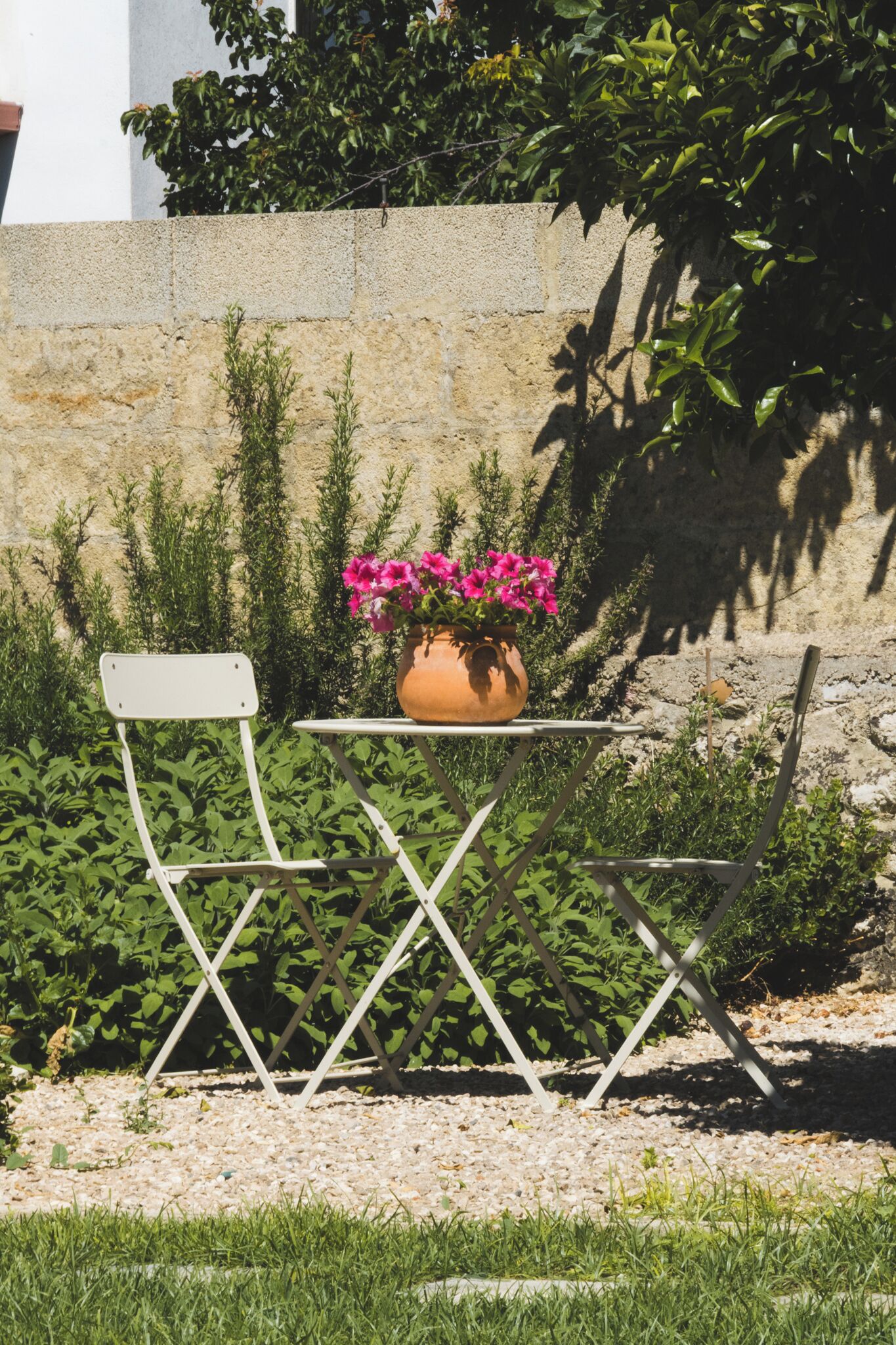 Un juego de silla plegable y mesa al aire libre, con una planta en maceta sobre la mesa.