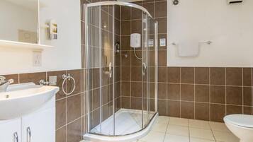 A modern bathroom with a glass-enclosed shower, a white sink, and a toilet.