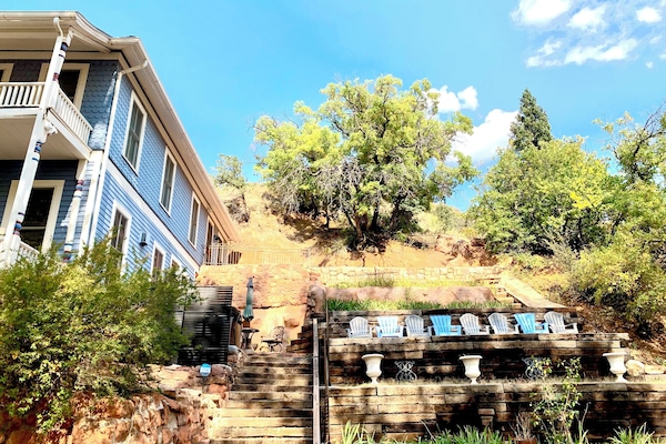 Front entry area with new hot tub and new railing.