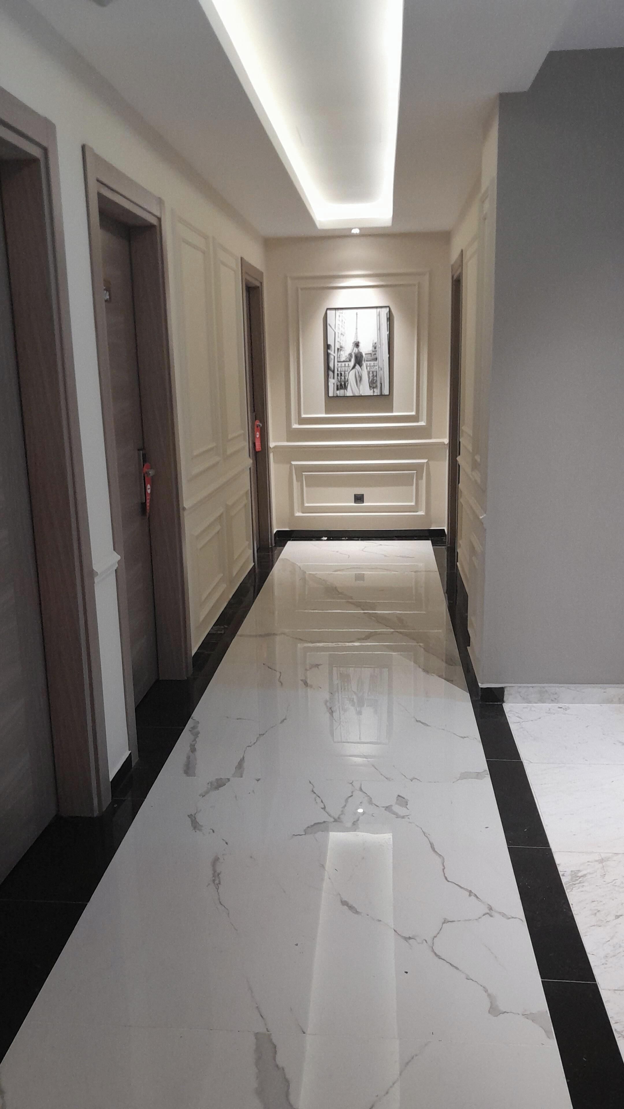 A hallway with marble flooring, a framed artwork on the wall, and doors on either side.
