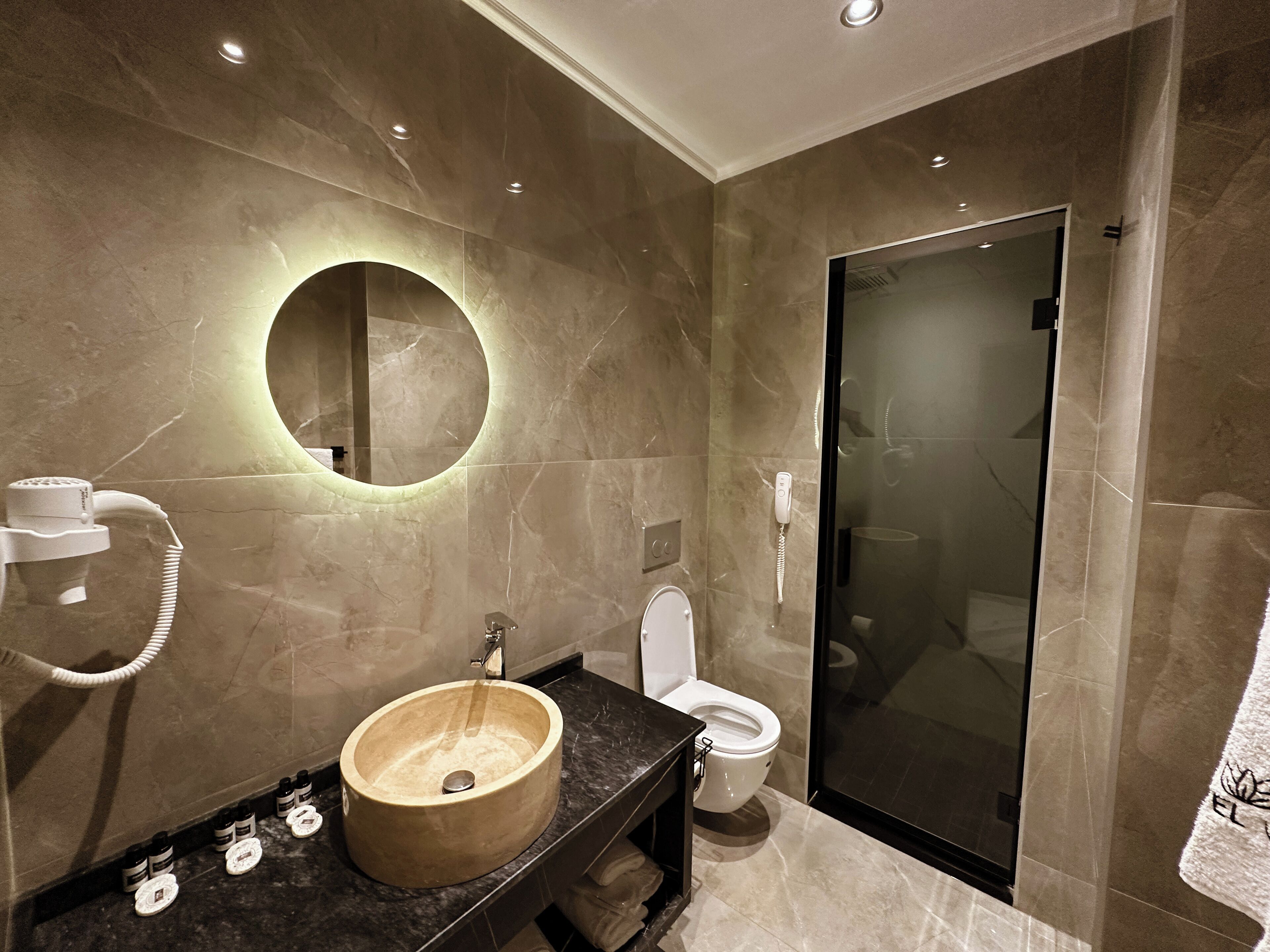 A modern bathroom with a large oval sink, a toilet, and a glass-enclosed shower.