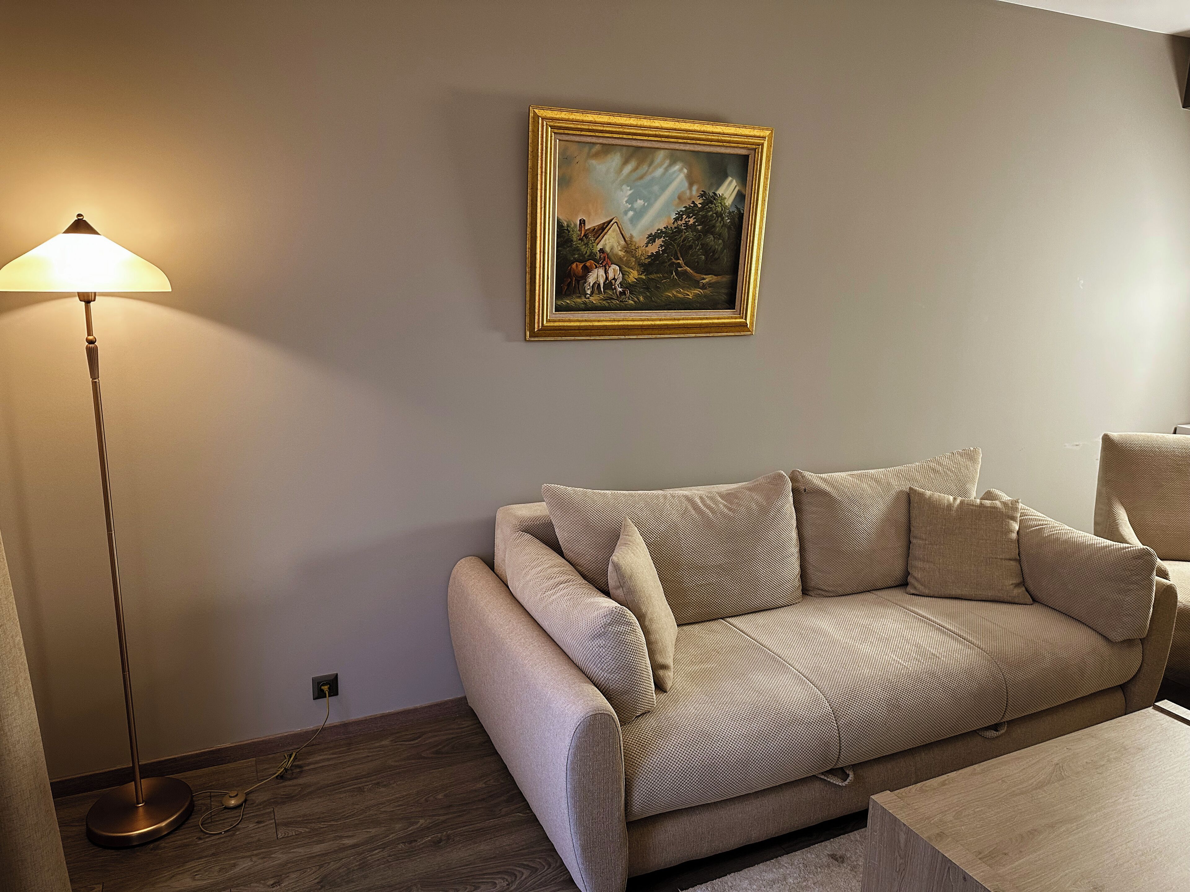 Una sala de estar con un sofá color beige, una lámpara de pie y un cuadro enmarcado en la pared.