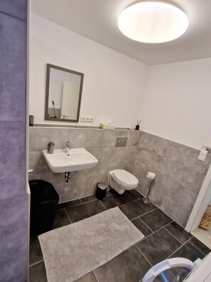 Shower, towels, soap, toilet paper