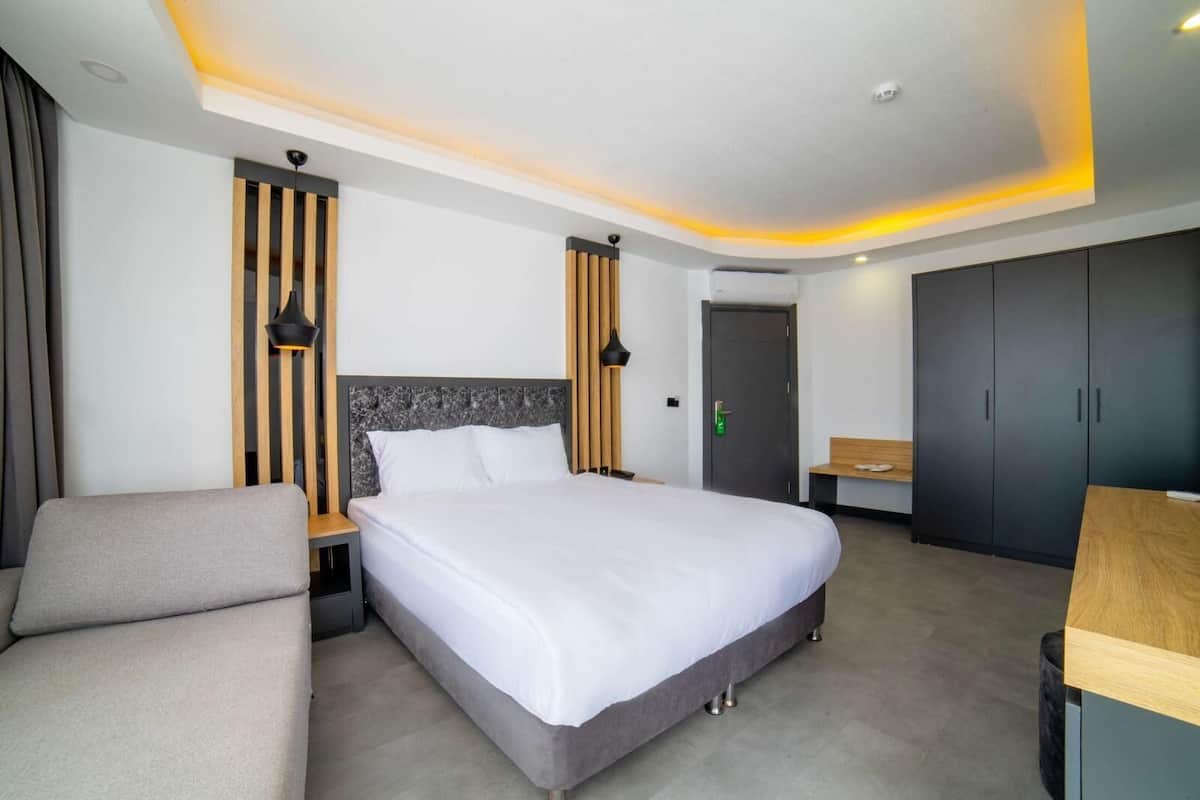Una habitación de hotel moderna con una cama grande, un sofá, un escritorio y un armario.