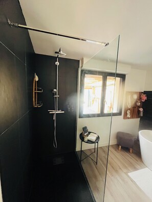 Shower, hair dryer, towels