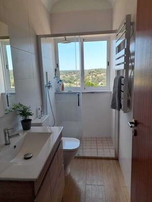 Un baño moderno con ducha, inodoro y lavamanos.