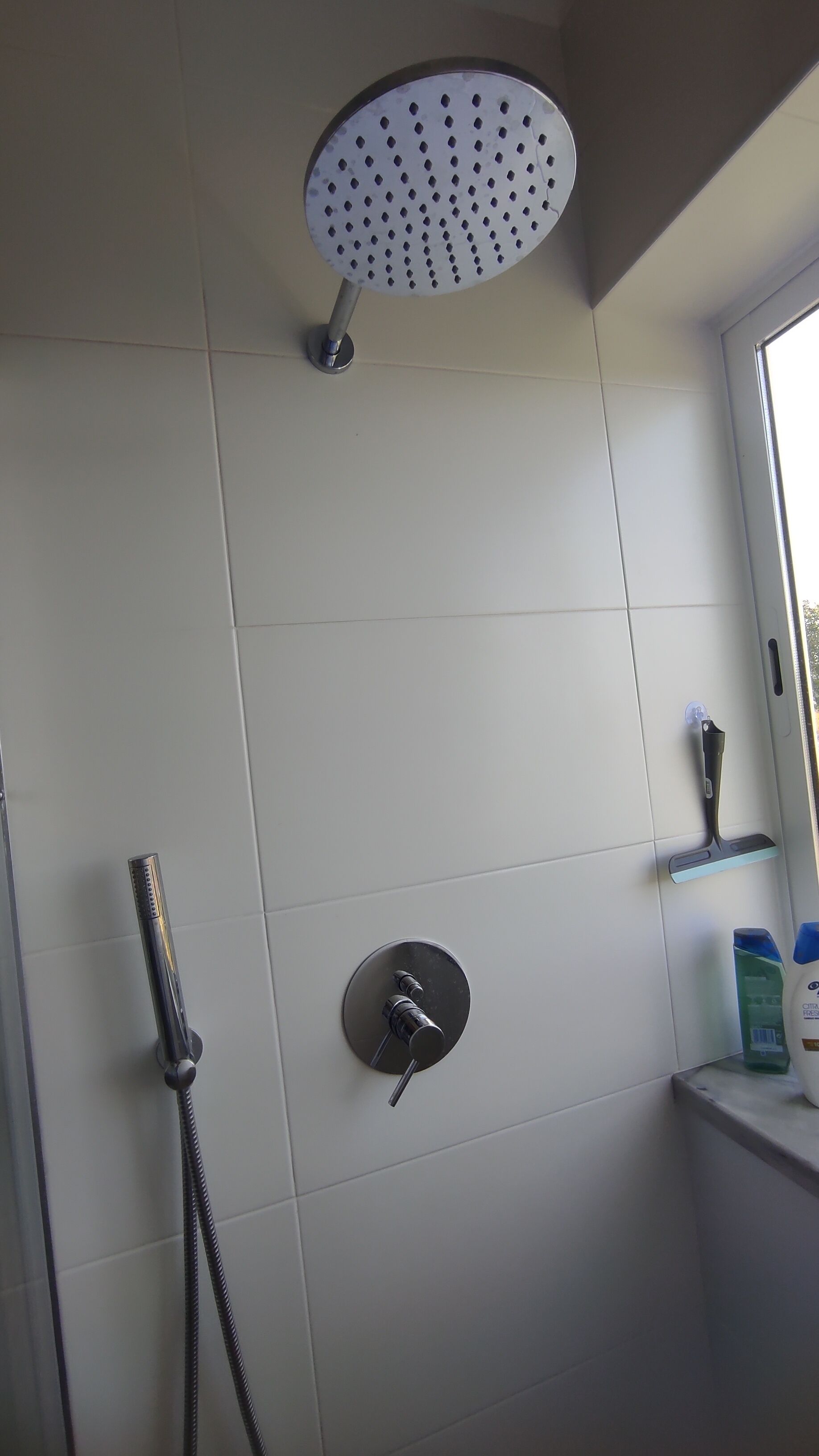 A shower with a round head, a handheld showerhead, and a wall-mounted control valve.