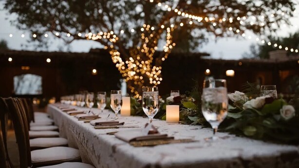 A long dining table set with candles, glasses, and a floral arrangement. - Doran Farm & Wedding Venue (Richmond Hill)