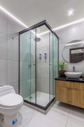 Hair dryer, towels, soap, shampoo
