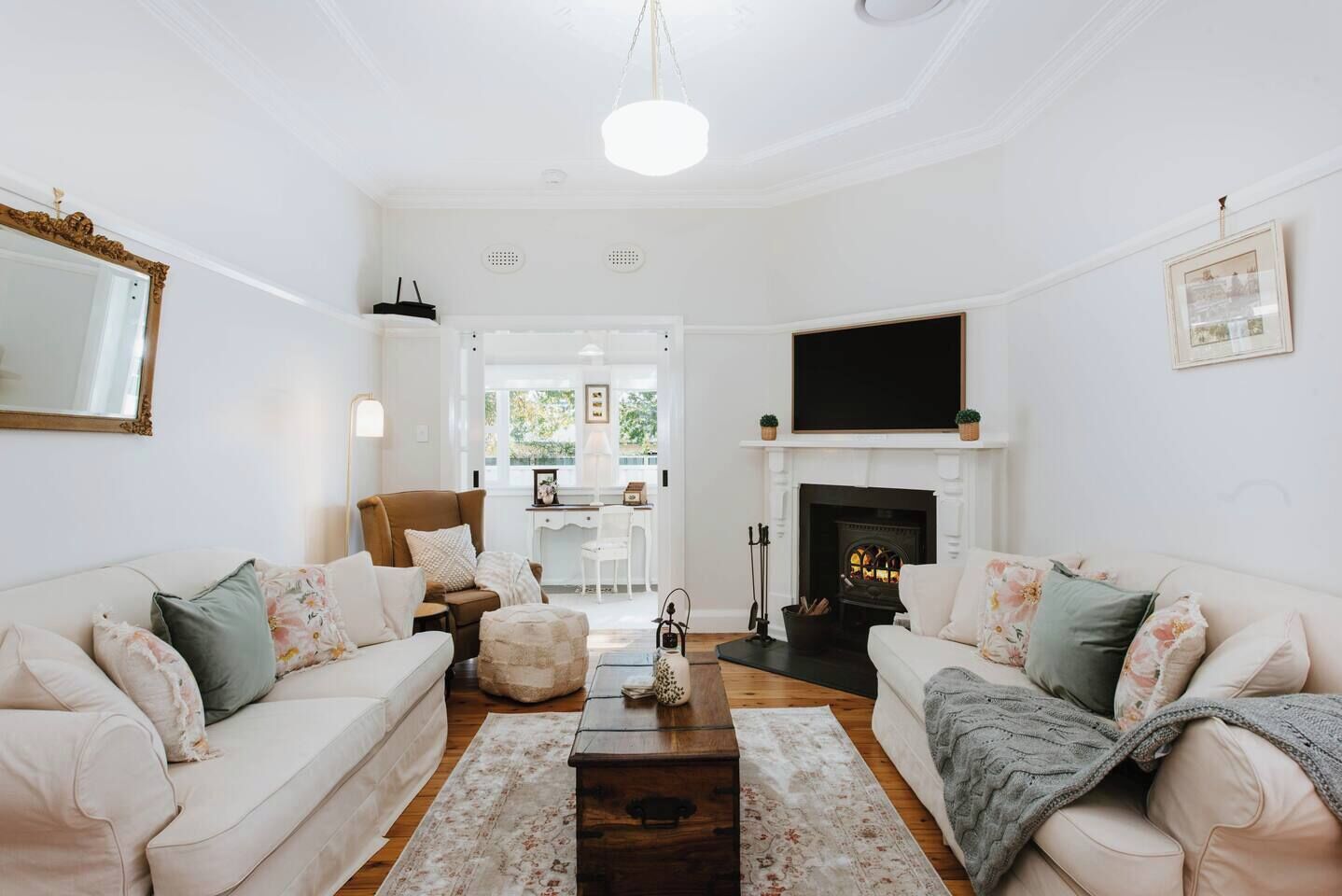 The lounge area offers plenty of comfy seating and a large flat-screen TV for everyone to settle in with a movie, while a fireplace is a cosy addition over the winter months.
