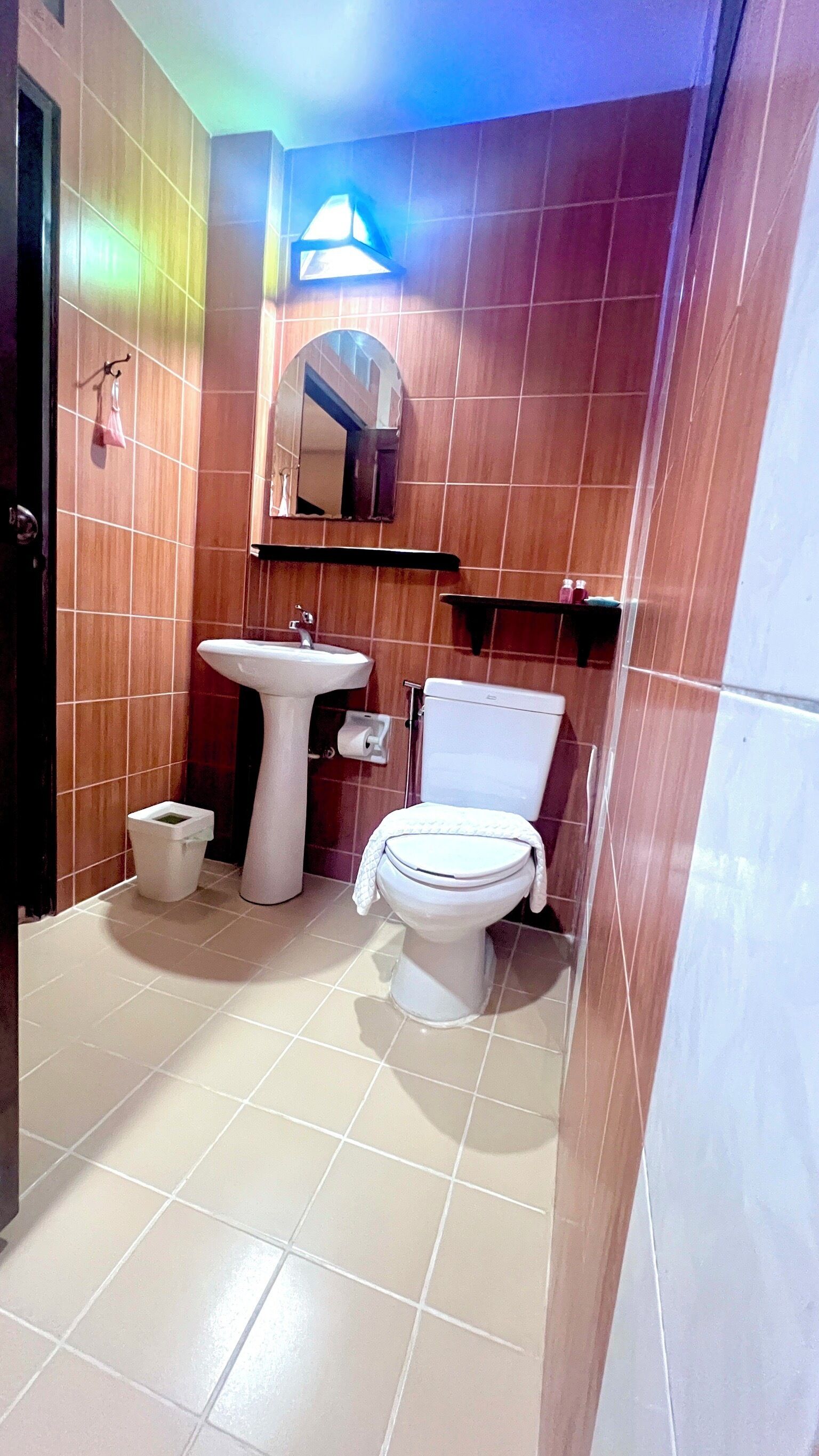 A bathroom with a sink, toilet, and mirror.