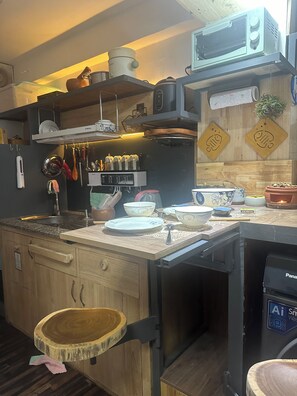 Fridge, microwave, oven, electric kettle