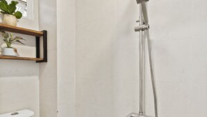 A bathroom with a shower, toilet, and a shelf with plants.