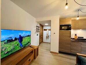 A modern kitchen with wooden cabinets and a built-in oven. - Wifi, 250m from resort center, Ground floor, terrace, tv, ski locker, 40m², Les Gets (Les Gets)