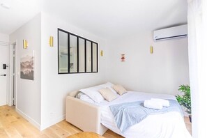 1 bedroom, desk, iron/ironing board, travel cot