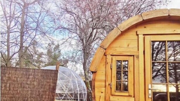 A wooden cabin with a door and windows, surrounded by a wooden deck and a transparent greenhouse structure. - 1 Bedroom Chalet in Pruniers-en-Sologne (Pruniers-en-Sologne)