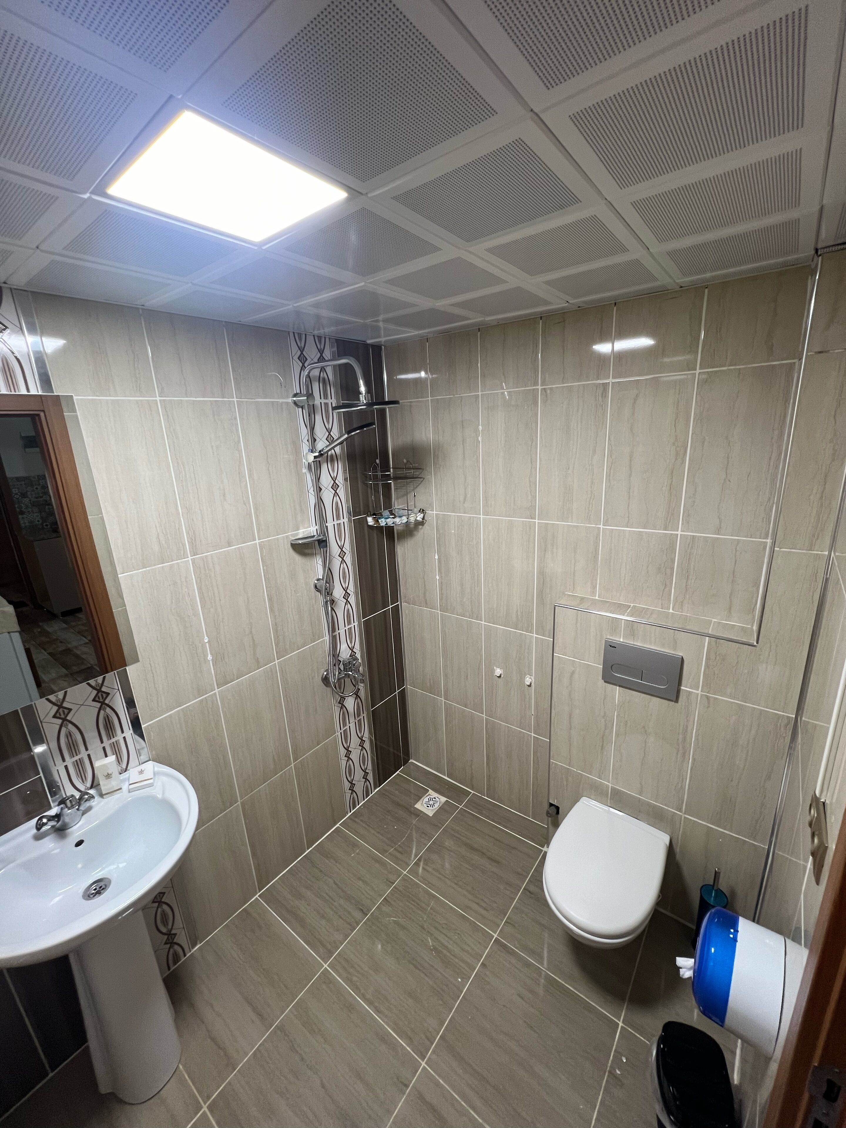 Un baño con ducha, inodoro, lavabo y espejo.