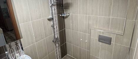 Un baño con ducha, inodoro, lavabo y espejo.