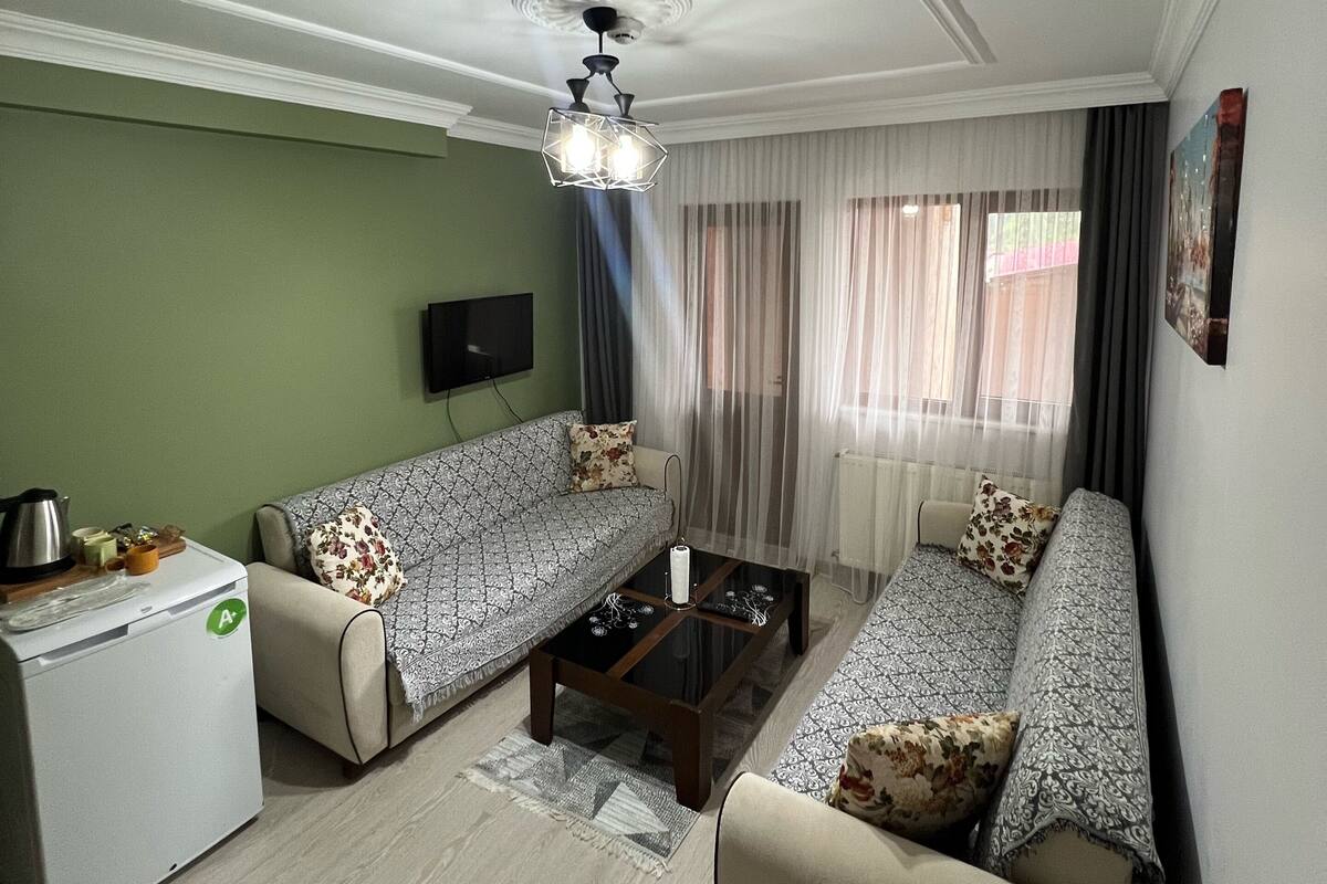 A living room with two sofas, a coffee table, a TV, and a radiator.