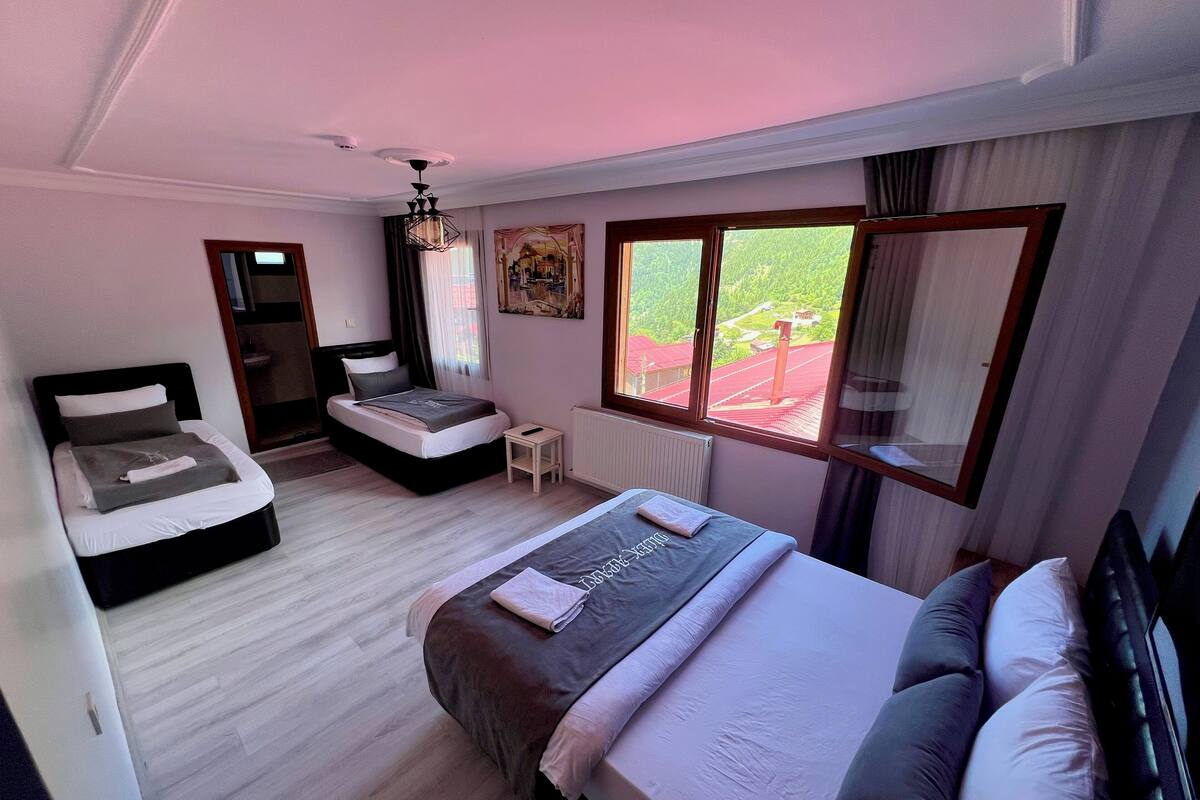 A bedroom with a bed, a sofa bed, a small table, and a window with a view of greenery.