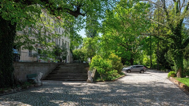 A cobblestone pathway leading to a building with steps and a statue. - 90qm Luxus Apartment im Schloss Cotta (Dohma)