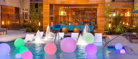 Seasonal outdoor pool, free pool cabanas, pool umbrellas