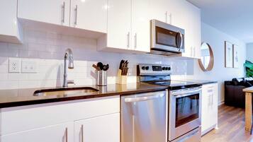 A modern kitchen with white cabinets, stainless steel appliances, and a wooden countertop.