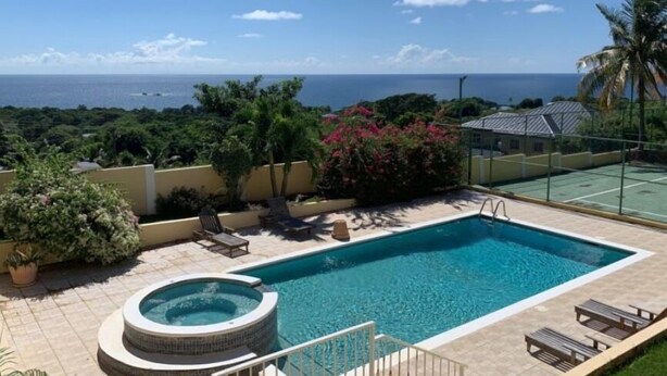 Une piscine avec un jacuzzi, entourée de chaises longues et de plantes en pot, offrant une vue panoramique sur l’océan.