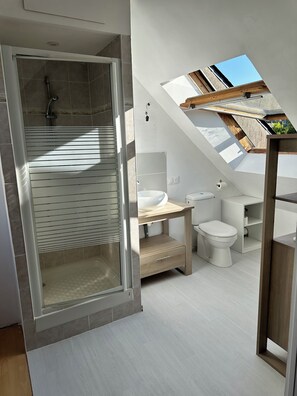 Shower, hair dryer, soap, toilet paper