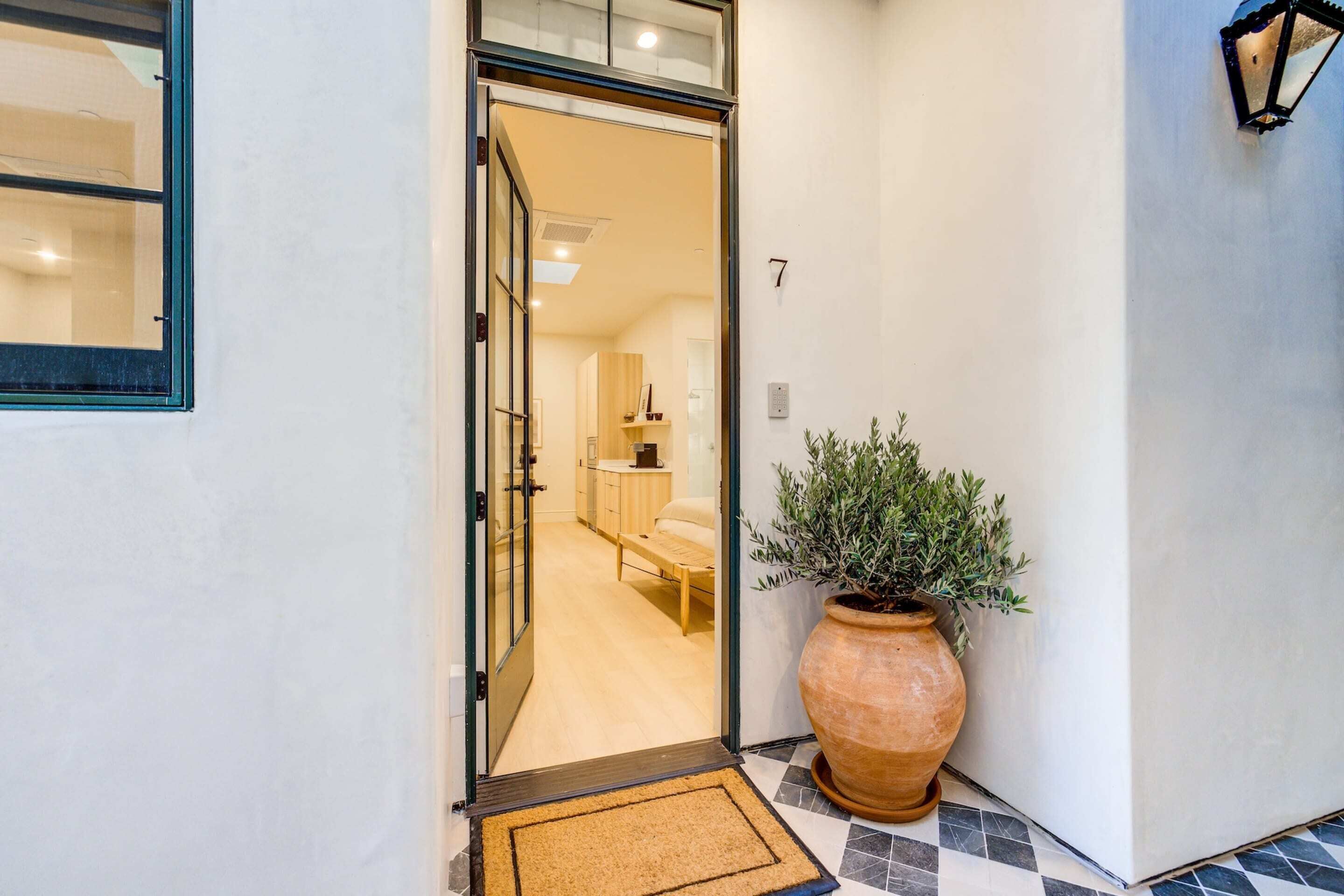 A hallway with a large potted plant, a door leading to a room, and a tiled floor.