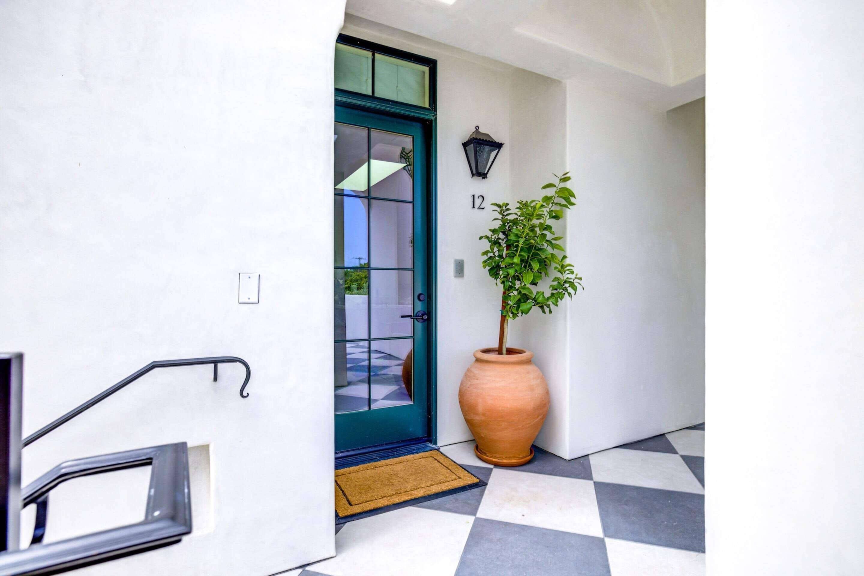 A clean, modern entrance with a blue door, a potted plant, and a checkered floor.