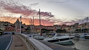 A waterfront marina with boats docked, a pedestrian walkway, and buildings in the background. - Robinia (Imperia)