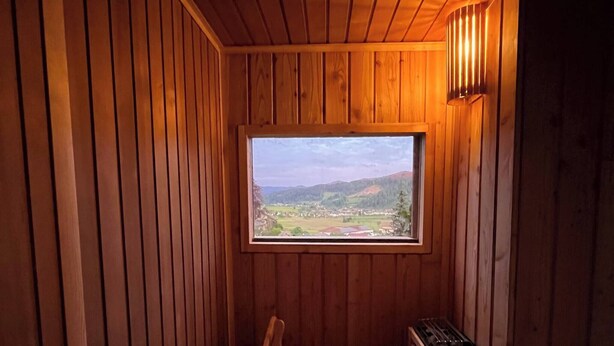 A sauna room with wooden walls, a bench, a wooden bench, a window with a view, and a heater. - Graceland In the Black Forest (Fischerbach)