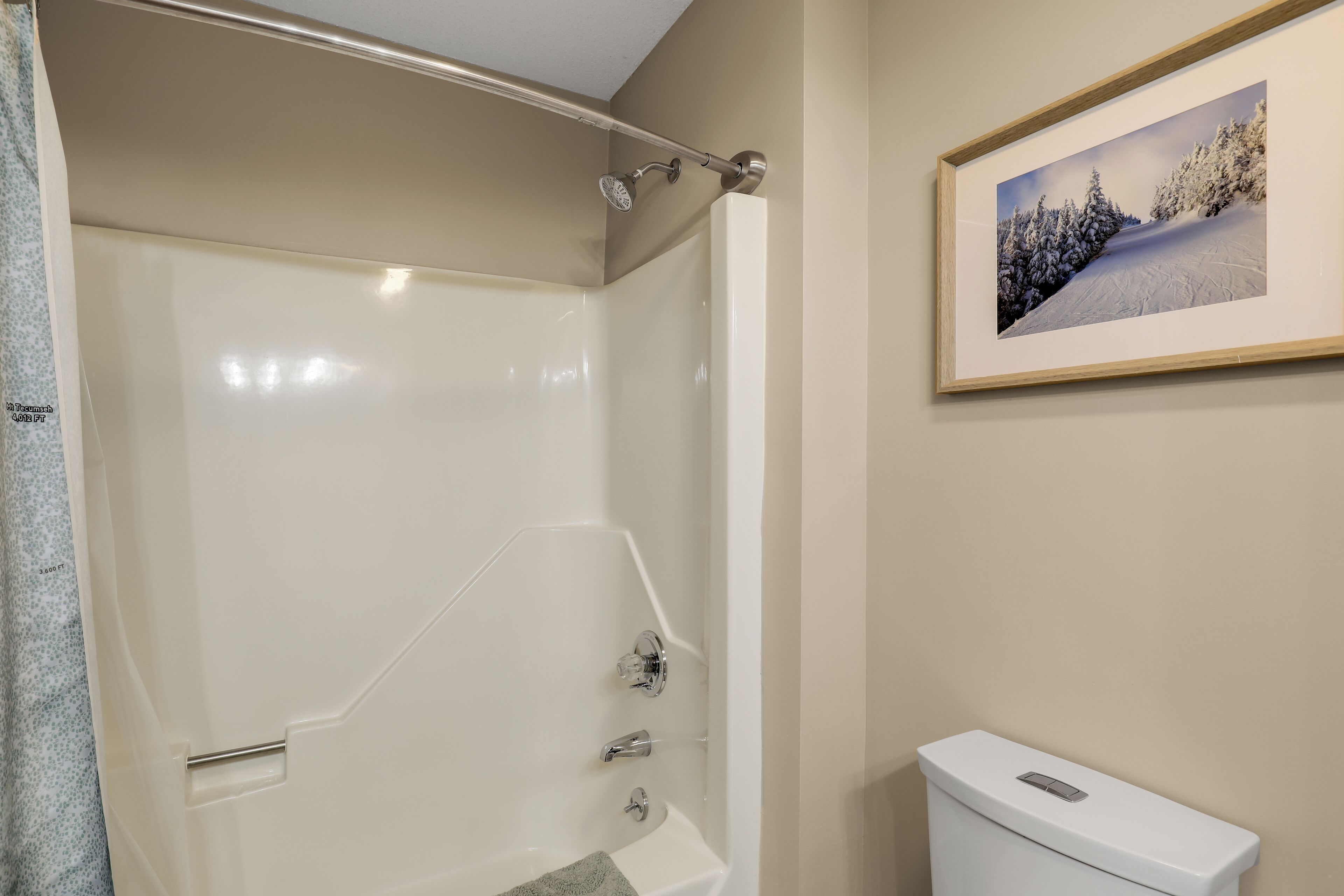 Ein Badezimmer mit Dusche, Toilette und einem gerahmten Bild an der Wand.