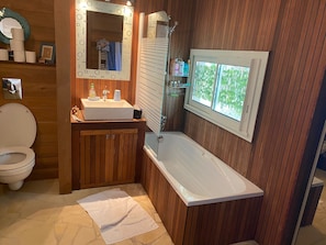 Shower, hair dryer, towels, soap