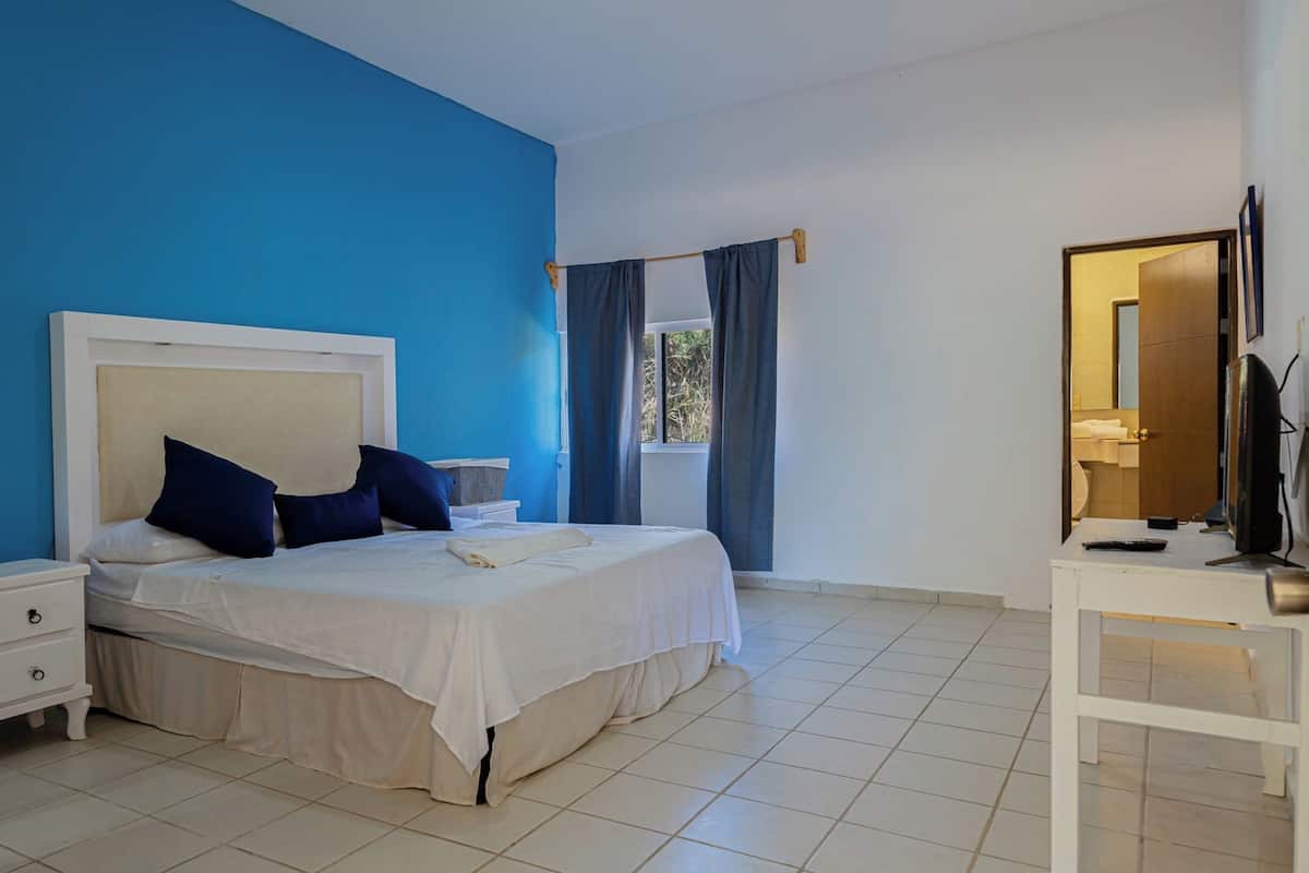 A bedroom with a bed, nightstands, a desk, a television, and a window with curtains.