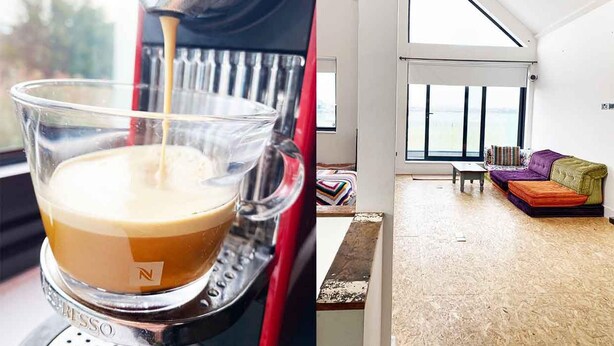 A coffee machine pouring coffee into a glass cup and a modern living room with a sofa and large windows. - Luxurious Designer Penthouse - Grand Bay Views (Poole)