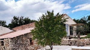 A stone building with a tiled roof, a tree in the foreground, and a gravel path leading to a wooden bench. - Location Petit Loft Dans Vaste Domaine (Esparron)