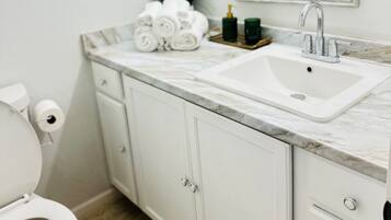 Hair dryer, towels, shampoo, toilet paper