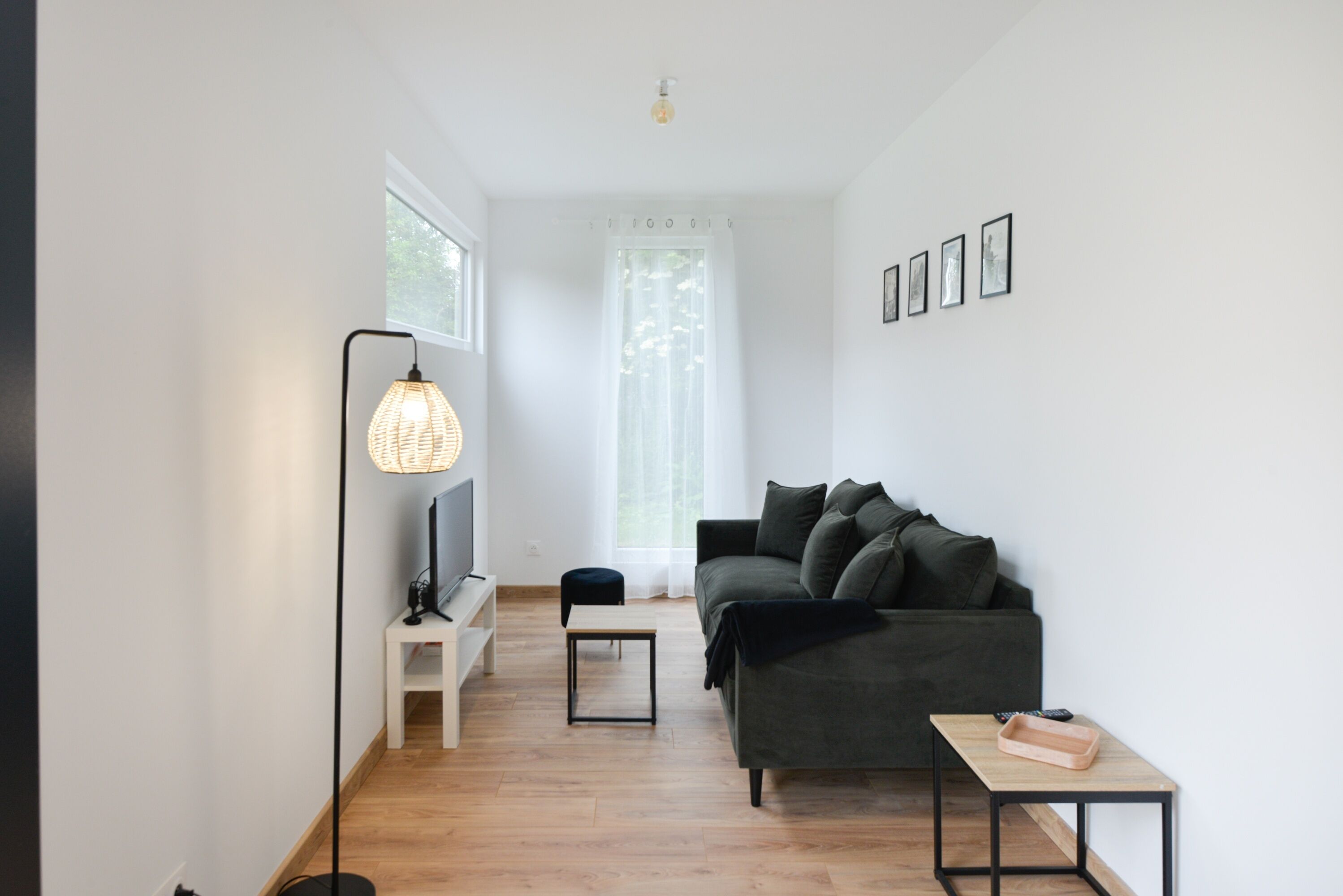 Una sala de estar moderna con un sofá gris oscuro, una mesita de madera y una lámpara de pie.