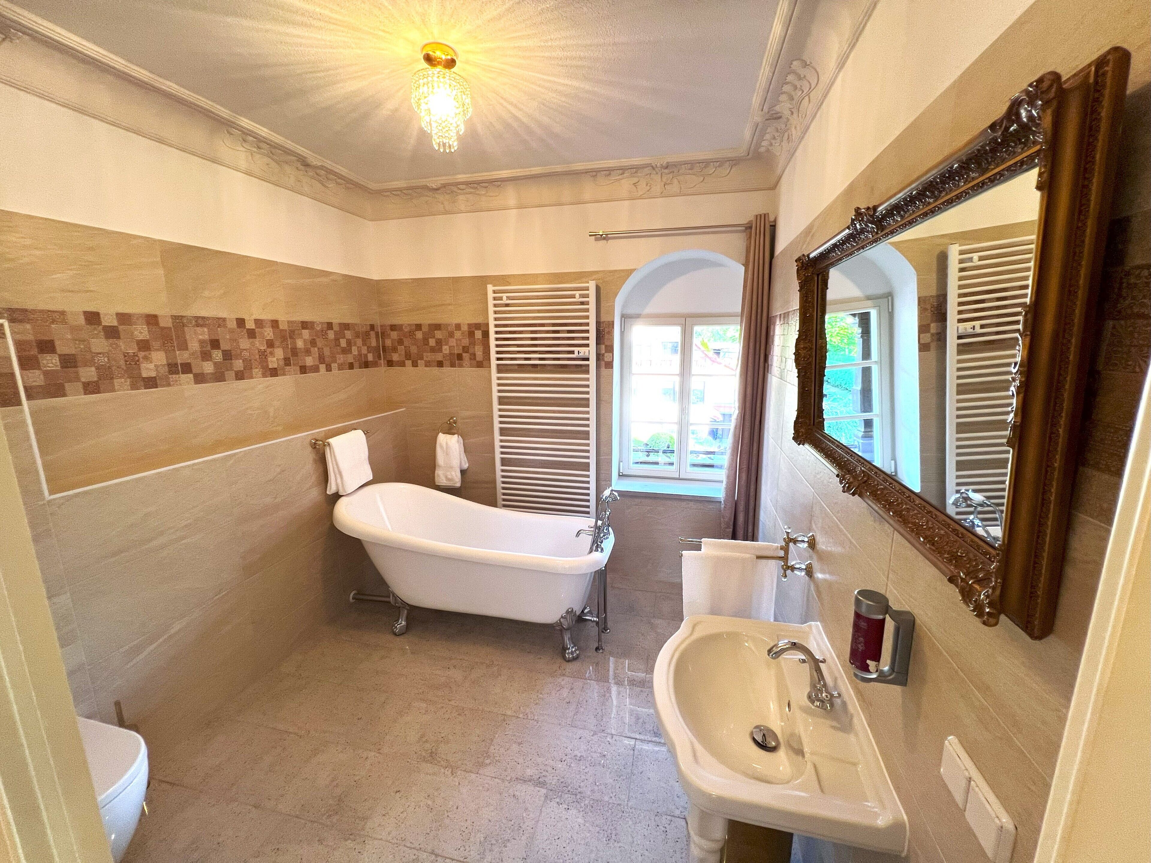 Eco-friendly toiletries, hair dryer, towels, soap