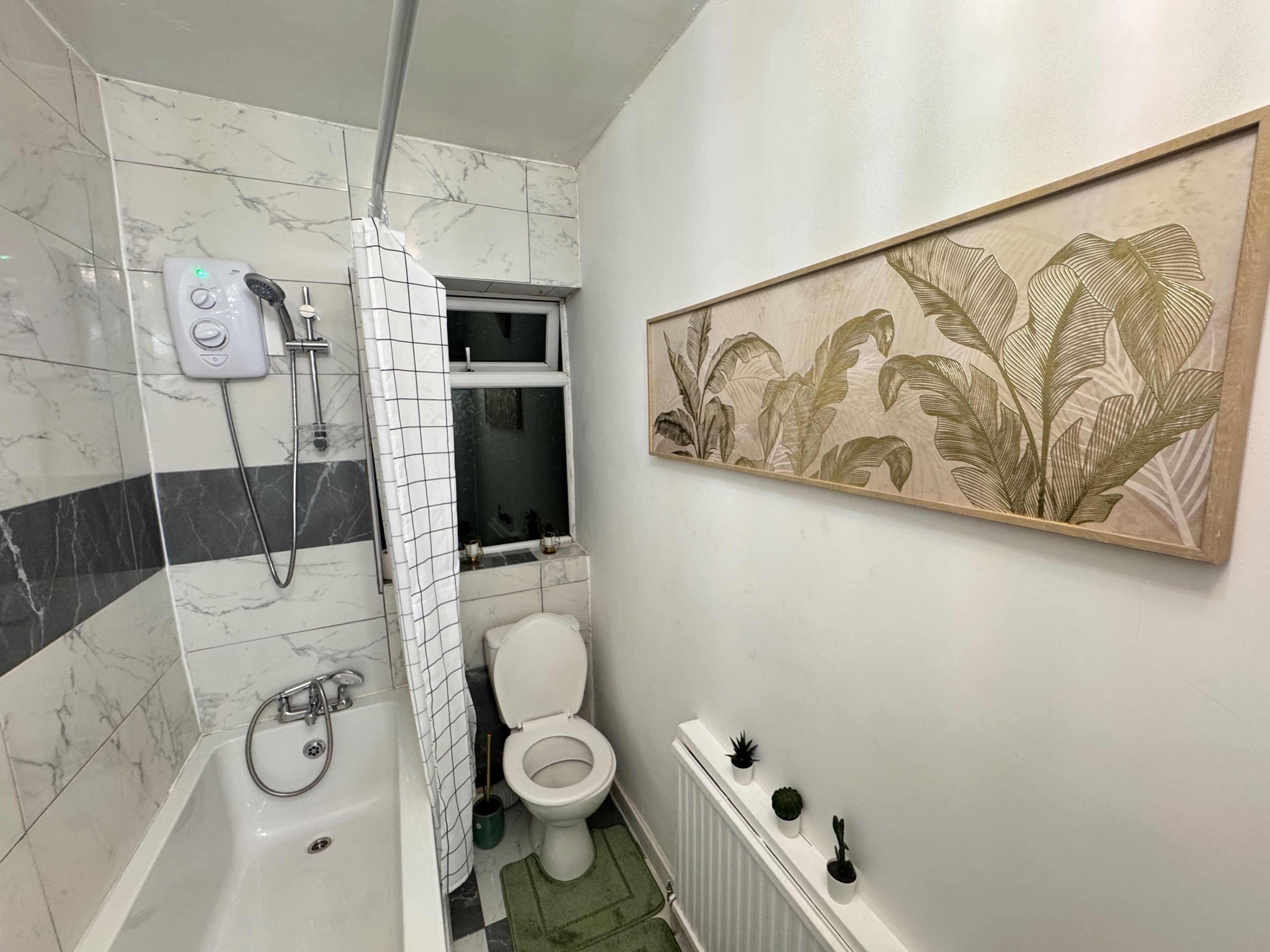 Un baño con ducha, inodoro y una planta colgante.