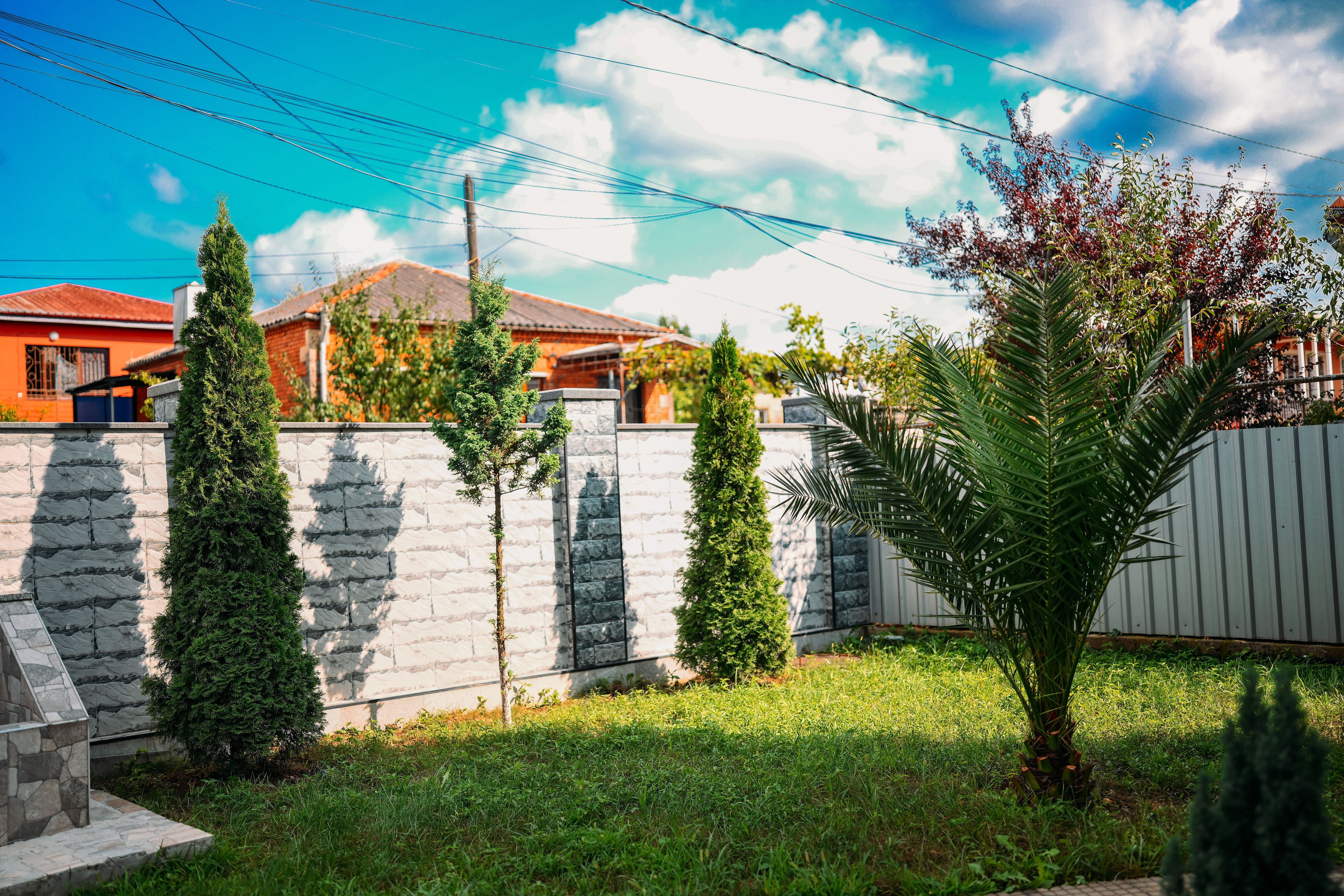 Un barrio residencial con un muro de piedra, varios árboles y un cielo azul despejado.