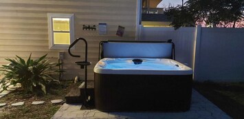 Private salt water hot tub is kept cool in the summer and hot in the winter!