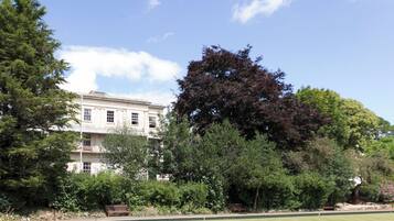 A building with a large lawn in front, surrounded by trees and a bench.