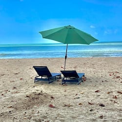 On the beach, beach umbrellas