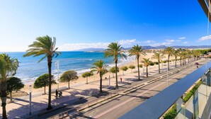 Una carretera costera con palmeras, una playa y un cielo azul despejado.
